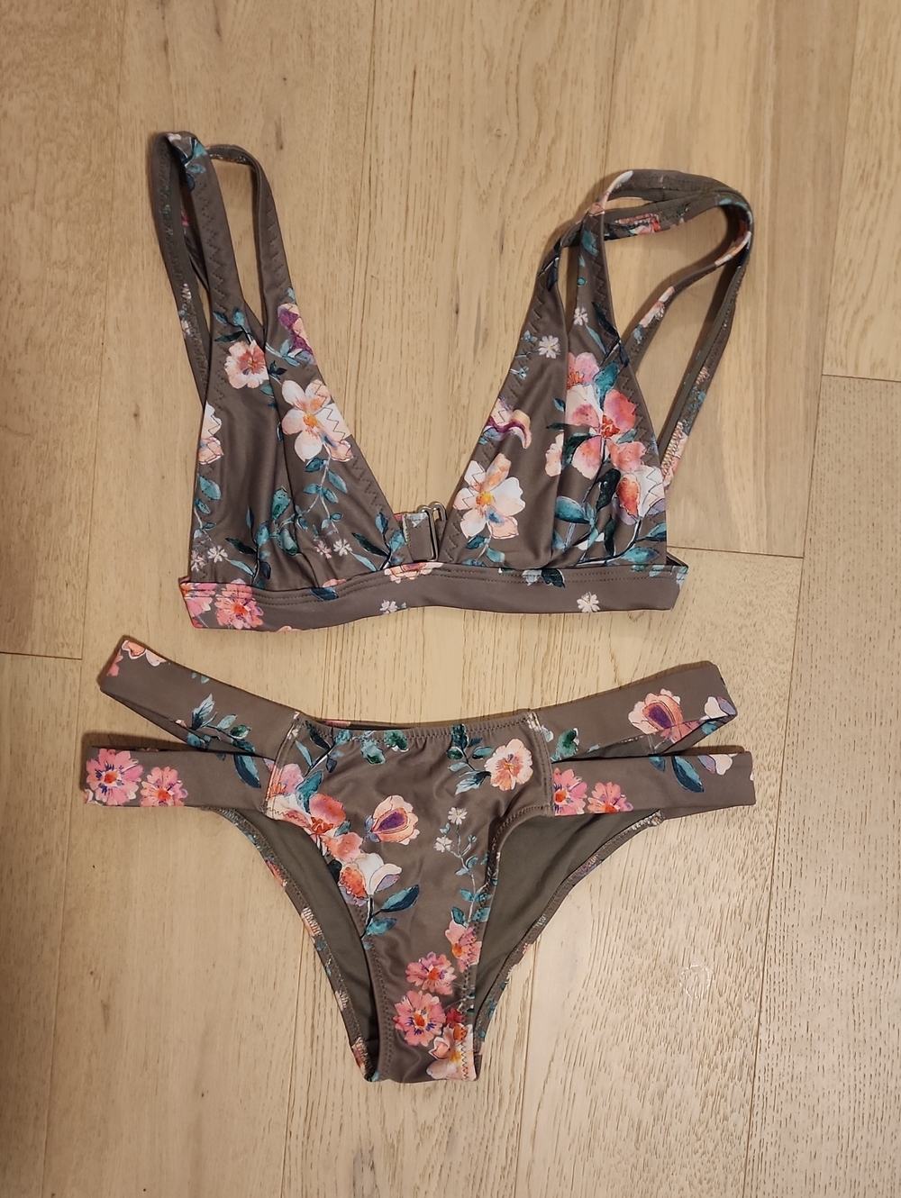 H&M New Khaki Floral Strappy Bikini Set Xs
